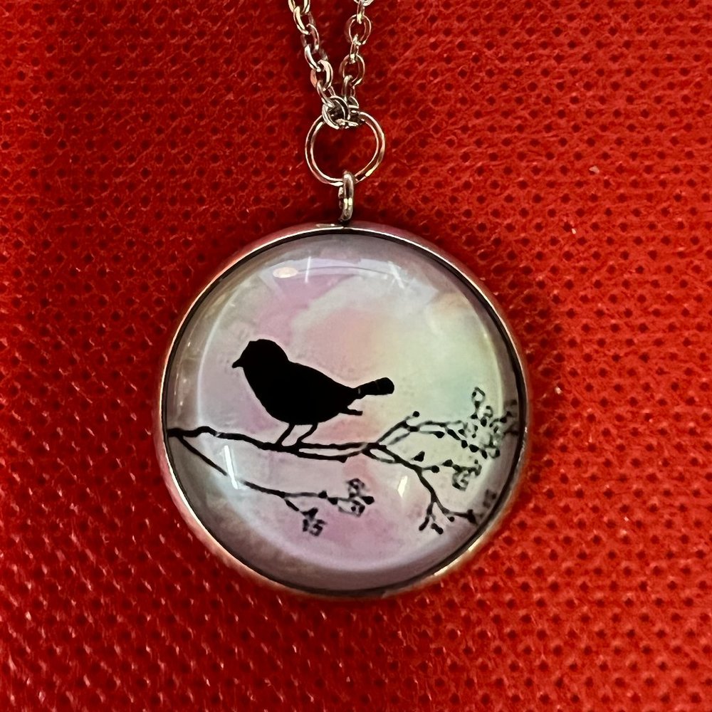 Black Crow Silhouette Standing on Watercolor Background Silver Tone Necklace